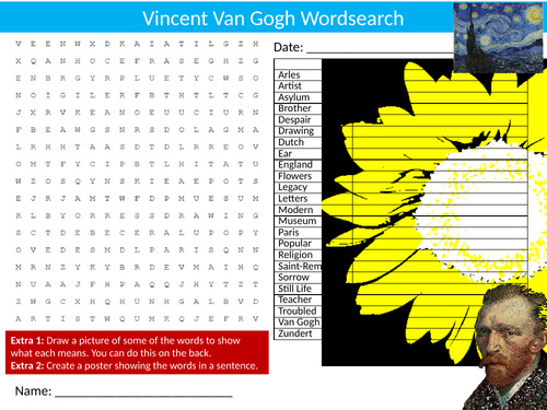 2 x Vincent Van Gogh Wordsearch Sheet Starter Activity Keywords Cover Art History