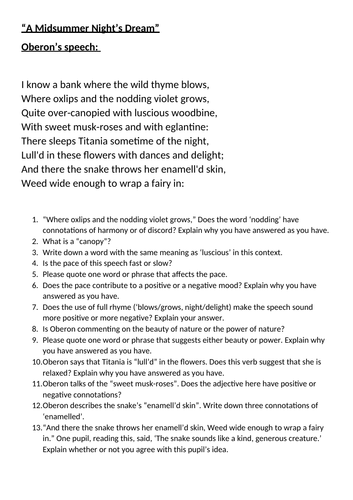 "A Midsummer Night's Dream", Oberon,  'I know a bank where the wild thyme grows' CRR Comprehension