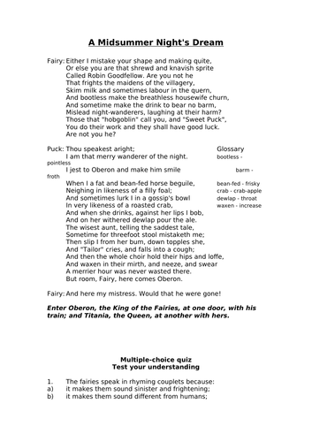 "A Midsummer Night's Dream" Fairies Typical Atypical Acrostic Cinquain Puck Quiz