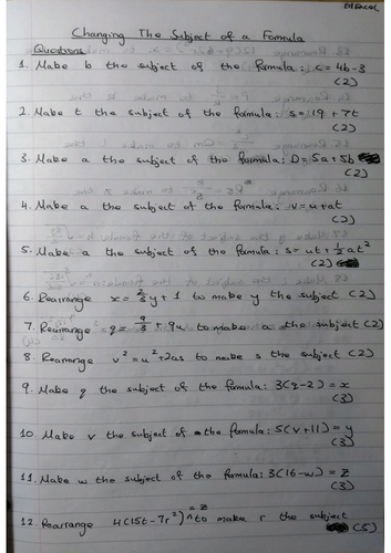 Changing The Subject of a Formula 9-1 GCSE Worksheet & Answers