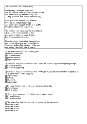 "Neutral Tones" Thomas Hardy AQA GCSE English Lit Love and Relationships Anthology Quiz HW Pre Flip