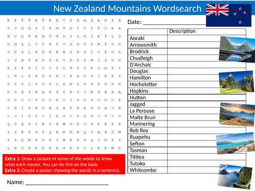 New Zealand Mountains Wordsearch Sheet Geography Starter Activity Keywords Cover