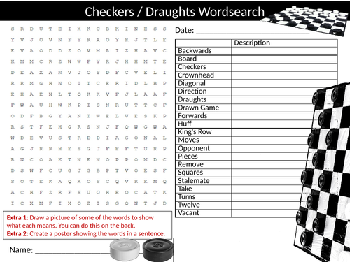Checkers Draughts Wordsearch Sheet Starter Activity Keywords Cover Board Games