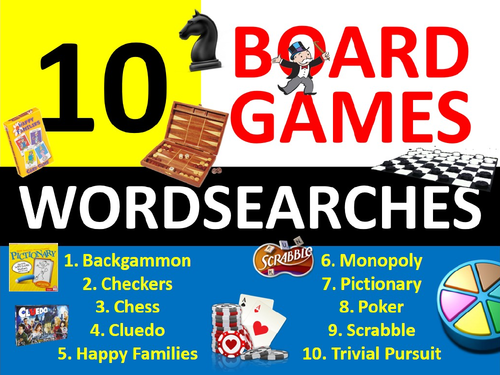 10 x Board Games Wordsearch Sheet Starter Activity Keywords Cover