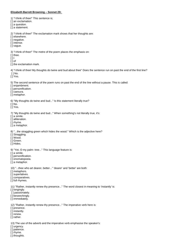 Elizabeth Barrett Browning Sonnet 29 "I Think of Thee" GCSE Eng Lit AQA Anthology Love Relationships