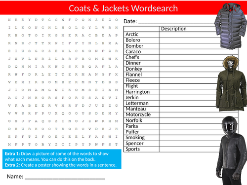 Coats & Jackets Wordsearch Sheet Starter Keywords Cover Design Textiles