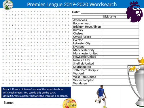 Premier League Teams 2019-2020 Wordsearch Sheet Starter Activity Keywords Cover PE Football