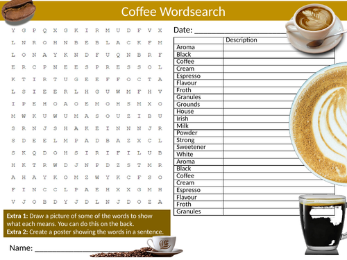 2 x Coffee Wordsearch Drinks Literacy Starter Activity Homework Cover Lesson Plenary