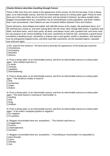 Non Fiction Pre Twentieth Century Charles Dickens France Multiple Choice Quiz HW Pre Reading Guided