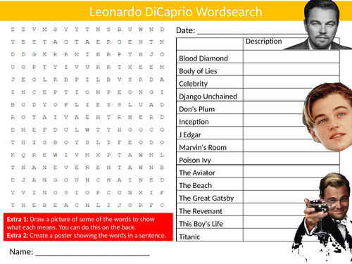Leonardo DiCaprio Wordsearch Sheet Starter Activity Keywords Cover Celebrity Actor