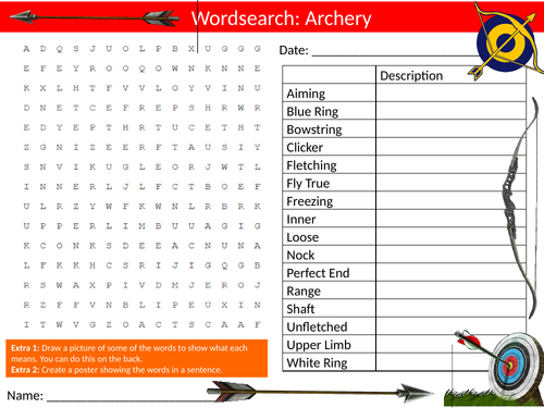 Archery Wordsearch Sheet Starter Activity Keywords Cover PE Sports Fitness