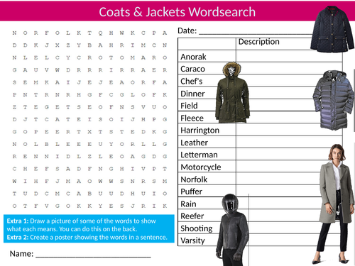 Coats & Jackets #2 Wordsearch Sheet Starter Keywords Cover Design Textiles