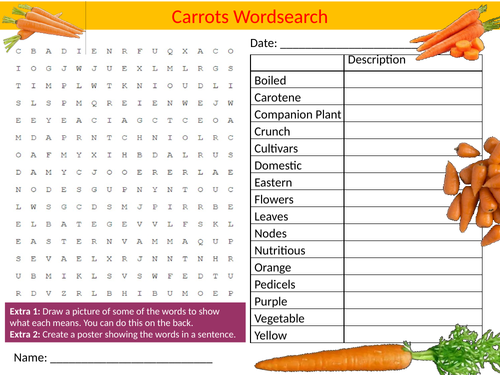 Carrots Wordsearch Sheet Starter Activity Keywords Cover Food Technology