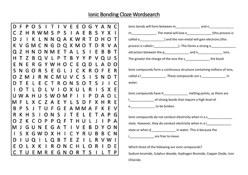 Ionic Bonding Cloze Wordsearch