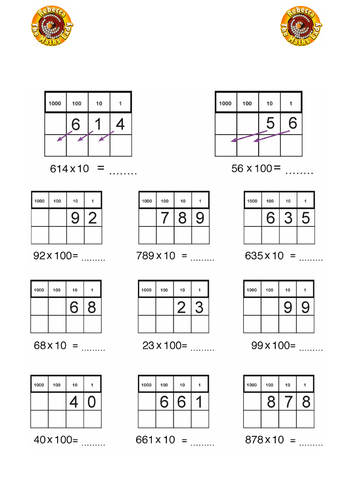 Multiplication by 10 and 100 (whole numbers)