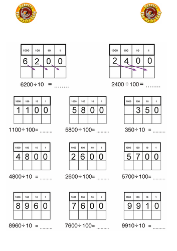 division by 10 and 100 whole numbers teaching resources