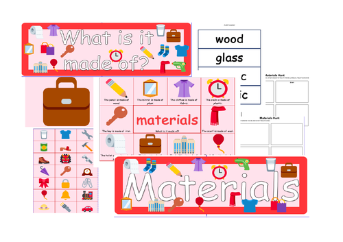 ESL Colorful Material Poster, Worksheet, label set, objects cards, PYP Science