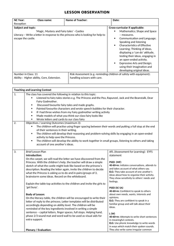 Lesson plan- Reception class observation