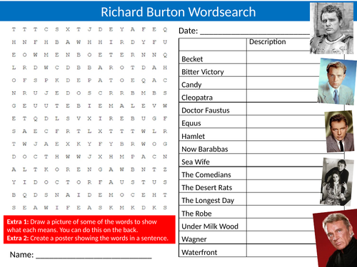 Richard Burton Wordsearch Sheet Starter Keywords Cover Drama Famous Actor