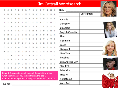 Kim Cattrall  Wordsearch Sheet Starter Activity Keywords Cover Celebrity Actor