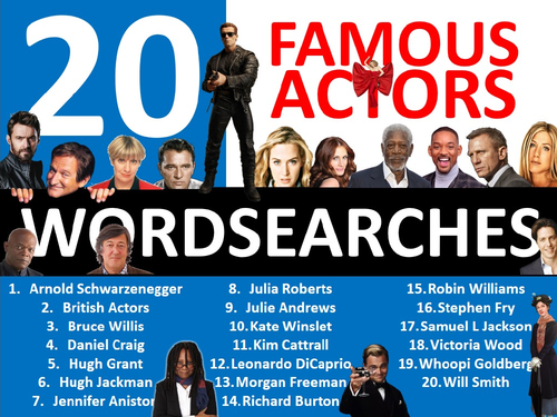 20 x Famous Actors Wordsearch Sheet Starter Activity Keywords Cover Drama