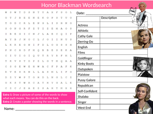 Honor Blackman Wordsearch Sheet Starter Activity Keywords Cover Drama Actors