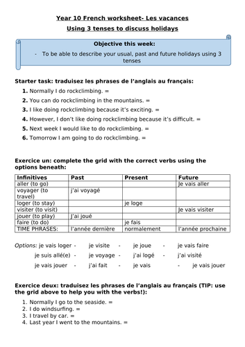 Past, present &future holidays worksheet