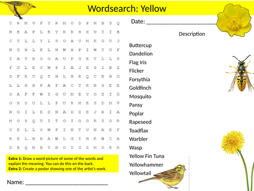 Colour Yellow #1 Wordsearch Art Synonyms Starter Activity Homework Cover