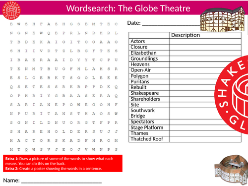 2 x The Globe Theatre Wordsearch Puzzle Sheet Keywords Settler Starter Cover Lesson Shakespeare