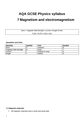 GCSE Physics - Revision notes - Chapter 7 Magnetism and electromagnetism