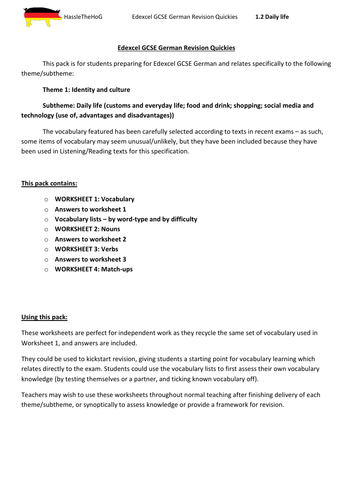 Edexcel GCSE German vocabulary: Theme 1.2 Daily life