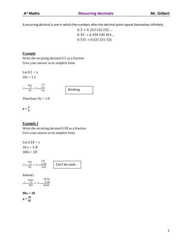 Recurring fraction - IGCSE year 10 & year 11 Maths