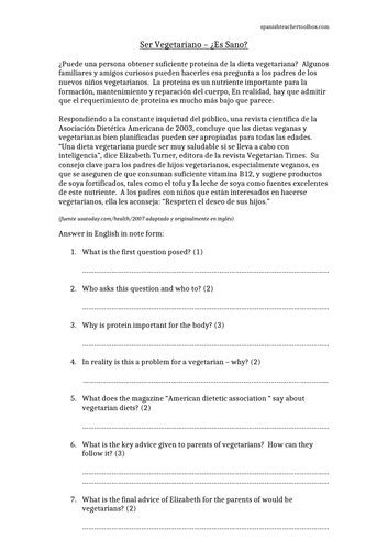 Ser Vegetariano - Reading comprehension - Being a vegetarian