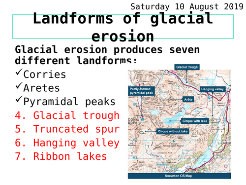Glacial landforms - glacial troughs (U-shaped valley), truncated spurs, hanging valley & ribbon lake