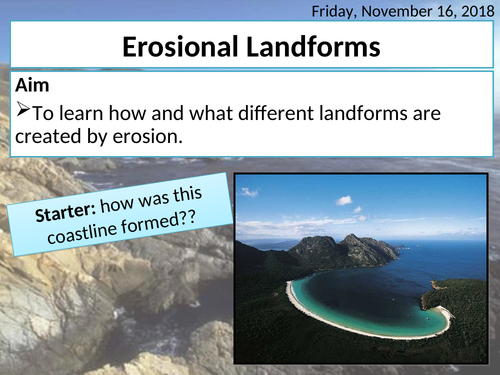 Coastal landforms of erosion - headlands, bays, cave, arch, stack, stump, wave-cut notch & platforms