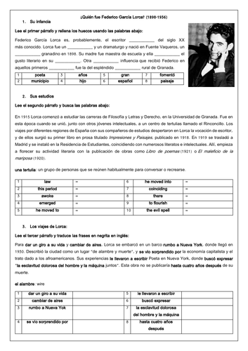 Spanish Lorca ¿Quién fue Federico García Lorca? A Level Worksheet