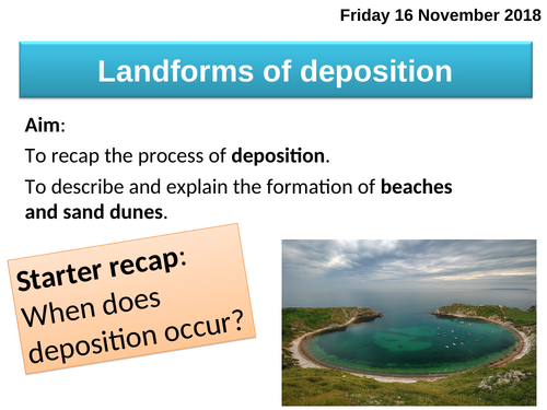 Coastal landforms of deposition: beaches (sandy and shingle) and sand dune succession (psammosere)