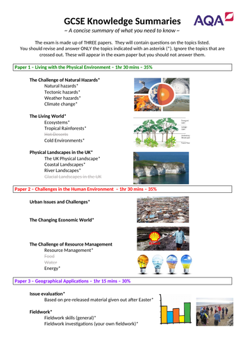 AQA GCSE Geography Knowledge Organiser / Revision Summary - exam year 2020/2021