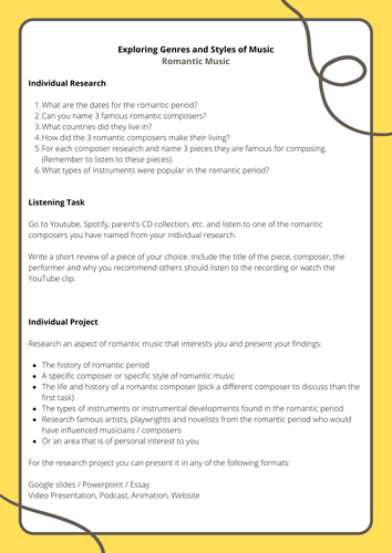 Listening and project work for Music - Romantic Period