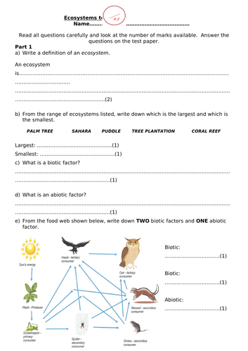 Ecosystems end of unit test (suitable for KS3 and KS4)
