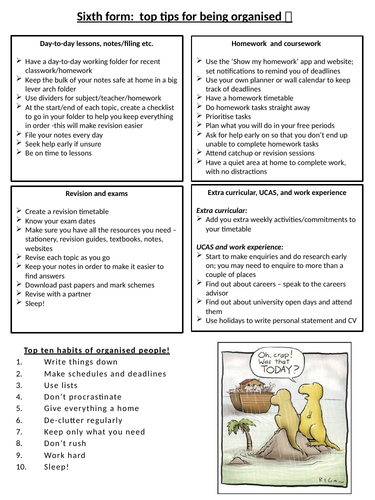 A Level/sixth form advice sheet on how to be organised