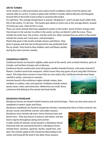 Global biomes information and worksheet task