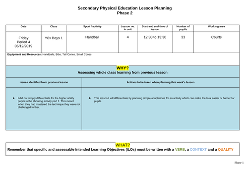 Year 8 Handball Contact and Defending Lesson Plan