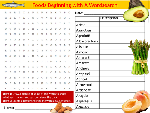 Foods Beginning with A Wordsearch Starter Activity Food Technology Homework Cover Lesson Plenary