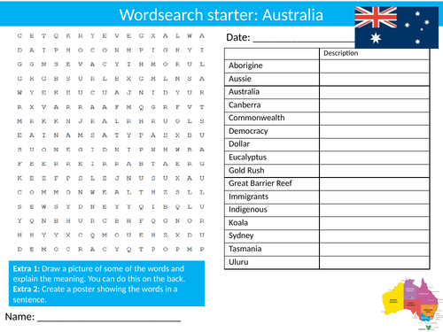 5 x Australia Country Wordsearch Sheet Starter Activity Keywords Cover Geography