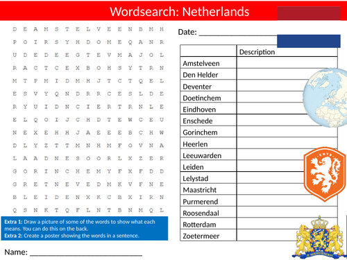 Netherlands Wordsearch Country Geography Starter Activity Homework Cover Lesson Plenary