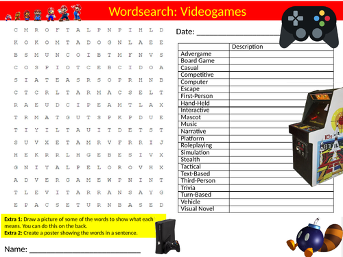 2 x Videogames Wordsearch Puzzle Sheet Keywords Settler Starter Cover Lesson ICT Computing