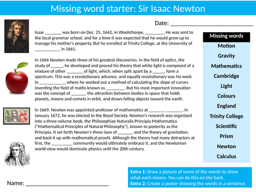 Isaac Newton Wordsearch Sheet Starter Activity Keywords Cover Physics Famous Scientist