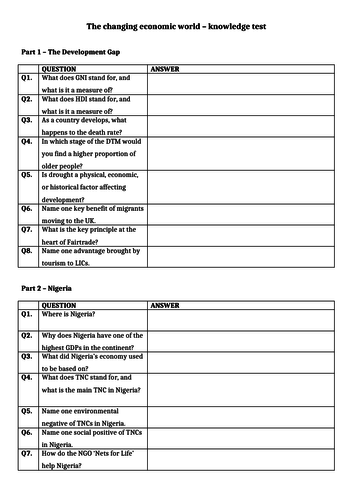 AQA The Changing Economic World knowledge recall test