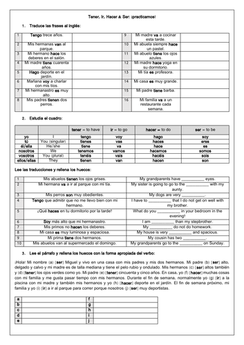 Spanish GCSE family & irregular present tense drills -  tener, hacer, ser, ir